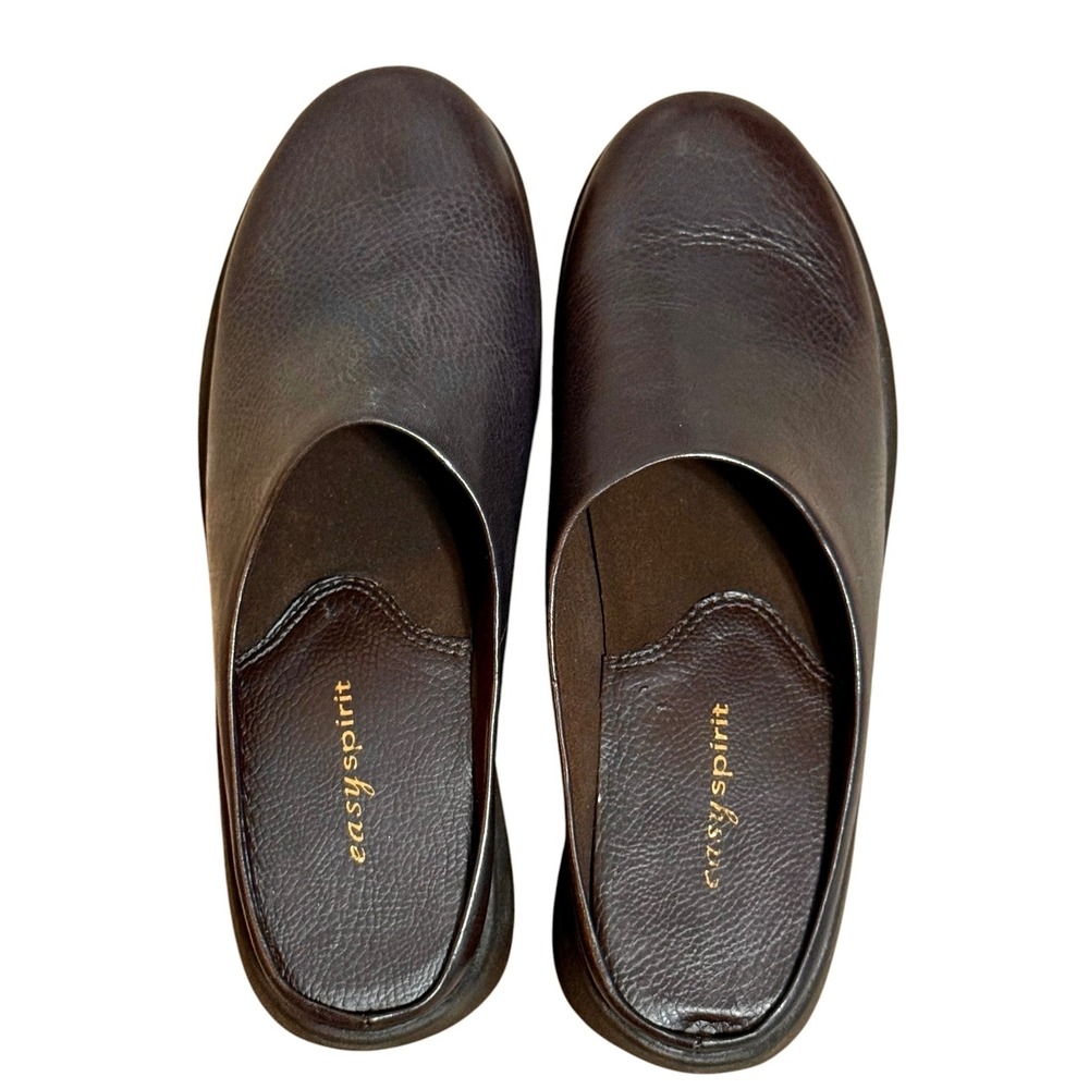 Easy Spirit Womens Dark Brown Leather Wedge Mules Clogs Round Toe Slip On Shoes